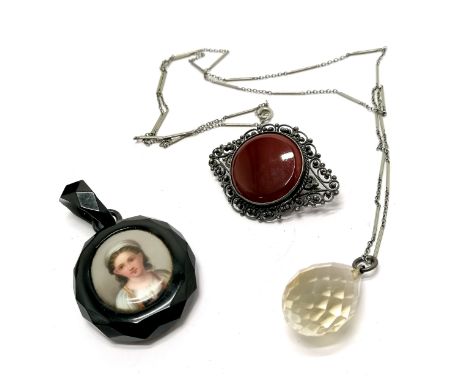 Antique hand carved jet pendant with porcelain plaque of a young lady (5.4cm drop), citrine pendant on unmarked silver fancy 