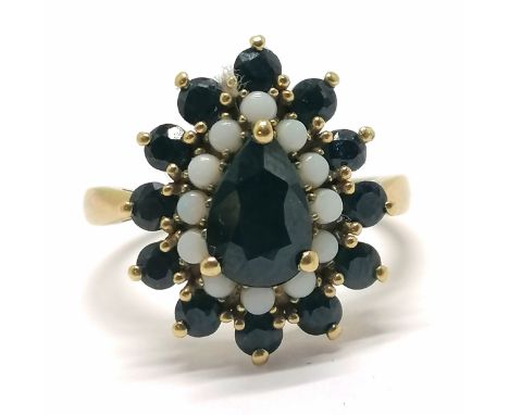 Unmarked gold sapphire / opal cluster ring - size P½ &amp; 3.4g total weight