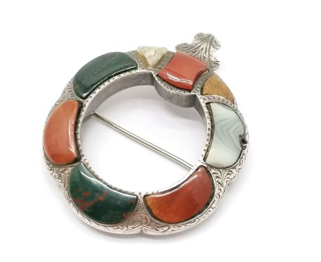 Antique Scottish hardstone brooch in unmarked silver - 4.5cm across