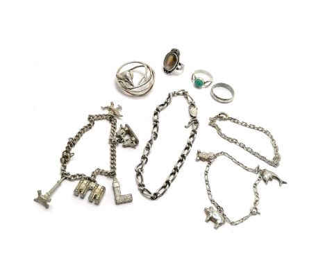 Qty of silver marked jewellery ~ 3 bracelets (1 with charms &amp; 1 a/f), scarf ring, 3 rings (1 with turquoise) - total weig
