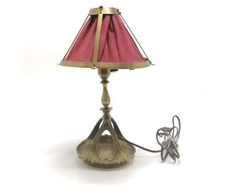 Art Nouveau brass  lamp with original gallery &amp; cloth shade - 38cm high and has registration mark ~ will need re-wiring a