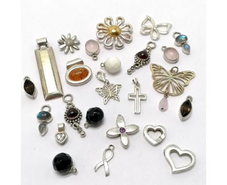 Qty of silver pendants (some unmarked) etc inc amber, butterfly fob etc - total weight 48g
