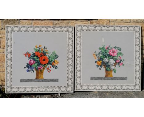 Antique pair of large hand printed woodblock / screen-print classical panels depicting baskets of flowers with applied acanth