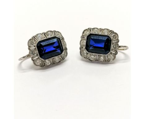 Art Deco impressive pair of sapphire / diamond cluster earrings in an unmarked (touch tests as 14ct) white gold mounts ~ with