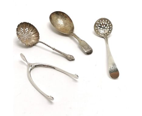 Silver wishbone tongs, Victorian caddy spoon (10cm) &amp; 2 sifting spoons - total weight (4) 56g
