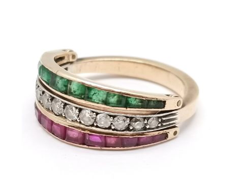 Unusual unmarked gold diamond / emerald / ruby stone set ring with hinged heads for multiple displays - size P &amp; 5.3g tot