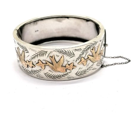 1949 silver bangle with unmarked gold bird detail by Joseph Smith &amp; Sons - 5.9cm across &amp; 31g total weight ~ some den