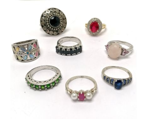 8 x silver stone set rings inc ruby, pearl, diamond, rose quartz etc - total weight 34g