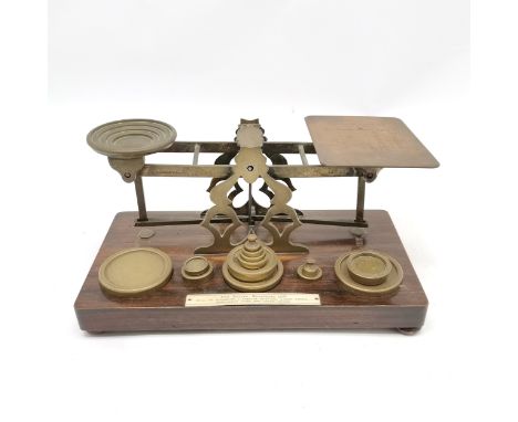 S Mordan &amp; Co antique letter balance scales with multiple weights - 12cm high x 27cm x 14cm
