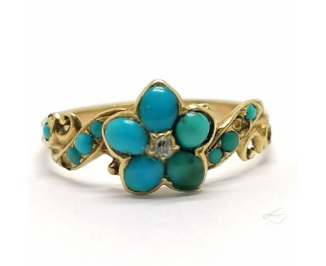 Victorian unmarked gold turquoise / diamond set ring - size T &amp; 2.1g total weight ~ the ring touch tests has higher carat
