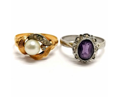 Foreign hallmarked gold pearl &amp; white stone set ring - size N½ &amp; 2.1g total weight t/w foreign silver marked purple &