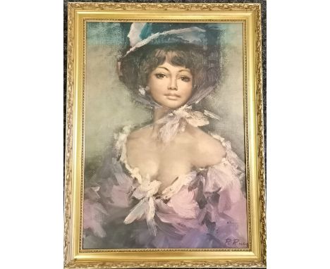 Mid century print of a glamorous young lady wearing a bonnet after Paul Ruegg - gilt frame 78cm x 58cm