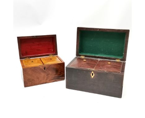 2 x antique tea caddy boxes - largest 23cm x 13.5cm x 13.5cm ~ both have interior lids and have slight losses to veneer and i