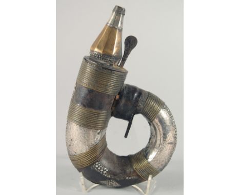 AN EARLY 19TH CENTURY ARAB OMANI SILVER OVERLAID STEEL POWDER FLASK, 23cm.