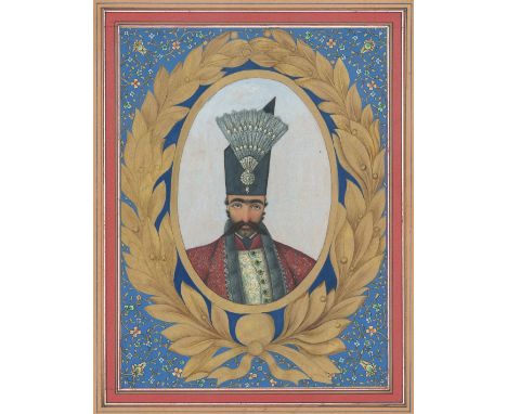 A FINE PORTRAIT MINIATURE PAINTING OF NASER ALDIN SHAH QAJAR, painted with a floral gilt oval border and fine foliate decorat