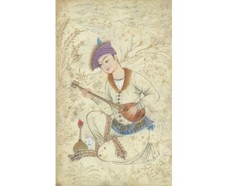 A PERSIAN MINIATURE PAINTING ON PAPER, depicting a seating figure playing a musical instrument with a marbled border and gilt