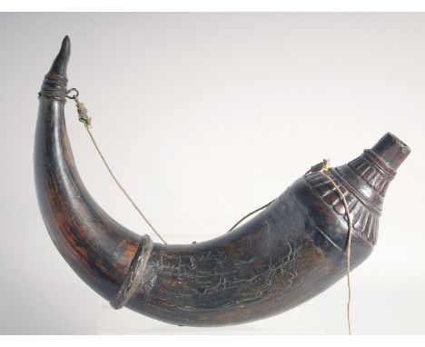 A LARGE 18TH CENTURY OTTOMAN OR INDIAN HORN POWDER FLASK, 33cm wide.