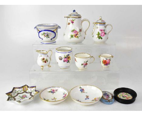 A collection of mainly French porcelain, to include hand painted part tea service, a Sèvres twin-handled pot, a Sèvres vase, 