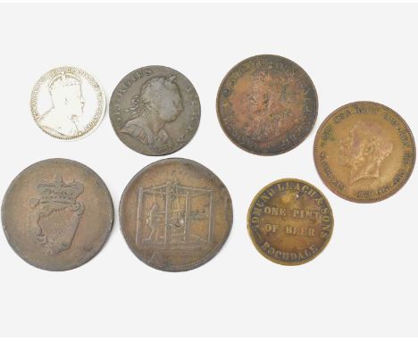 Seven various tokens and coins to include a Jackson &amp; Listers Warehouse one penny token, Crystal Palace One Pint Beer tok