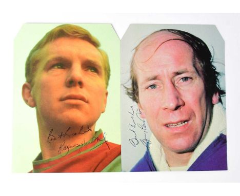 SIR BOBBY CHARLTON AND SIR BOBBY MOORE; two reproduced photographs bearing the signatures of the legendary footballers.Condit