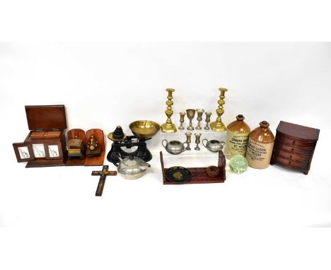 A group of collectible items to include a jewellery casket, a wooden photograph album, adjustable bookends with applied train