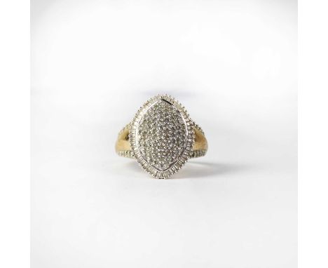 A 9ct yellow gold dress ring, marquise shape pavé set with tiny diamonds and small diamonds to the shoulders, size P, approx.