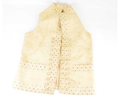 A 19th century cream embroidered silk waistcoat, with embroidered feather and plume design pockets, button track and lower he