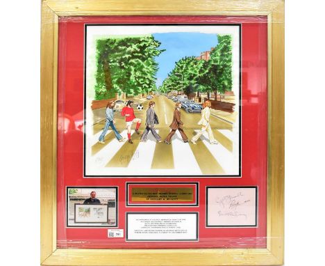 † STEWART W. BECKETT; watercolour, 'The Fifth Beatle', image of George Best amongst the Fab Four as per the Abbey Road cover,