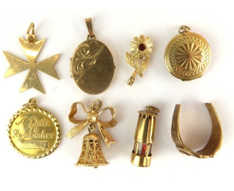 Eight items of 9ct gold jewellery, to include lockets, buckle ring with cut shank, various pendants including a miner's lamp,