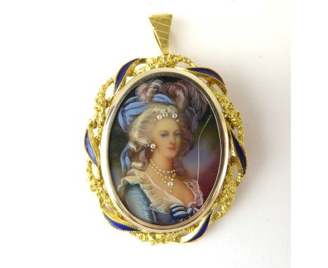 A modern 18ct gold miniature brooch, the plastic backed embellished portrait of an elegant lady with clear stone and gold dot