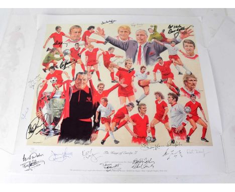 LIVERPOOL FOOTBALL CLUB; a signed limited edition print by Peter Deighan 'The Kings of Europe II', numbered 36/500 and bearin