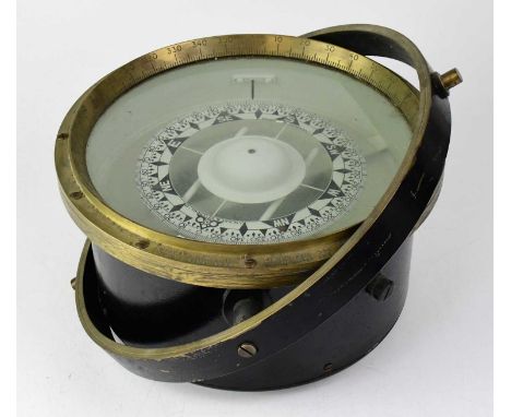 A large brass trimmed ship's binnacle compass, inscribed 'J.W. Ray &amp; Co (L'pool) Ltd', diameter including gimbal bracket 