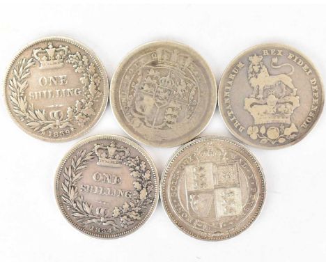 Five silver shillings comprising 1888 Jubilee Head, shield back (EF), 1834, 1839 (WW on truncation), 1826 and 1816 (new coina