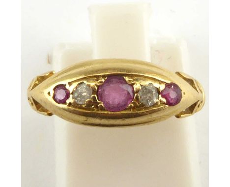 An 18ct gold ruby and tiny rose cut diamond ring, size J, approx. 2.4g (af, cut shank).