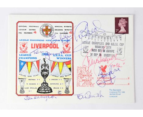 LIVERPOOL FOOTBALL CLUB; a 1976 first day cover bearing several signatures including Emlyn Hughes and Tommy Smith.Condition R