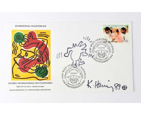 KEITH HARING; a first day cover bearing the artist's signature, dated '89 and with a doodle.Condition Report: We have not aut