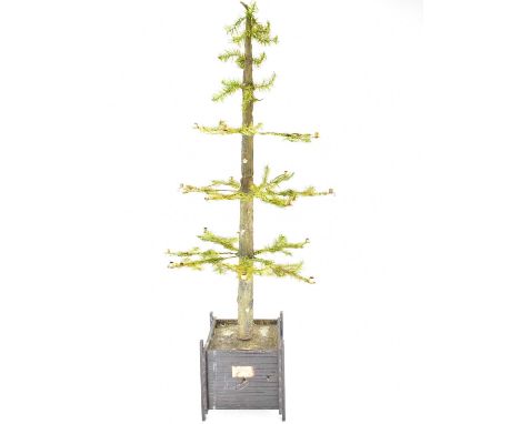 A 19th century German musical Christmas tree, the tree in two sections with slot-in branches with candleholder ends, fixes in