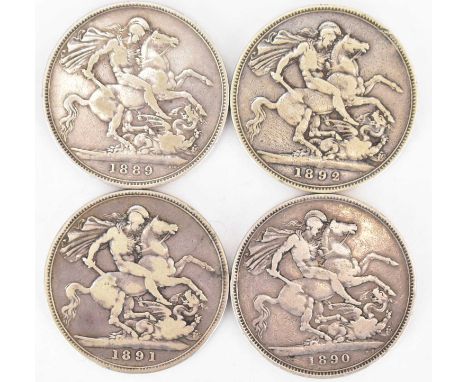 Four Victorian silver crowns comprising 1889, 1890, 1891 and 1892 (4).