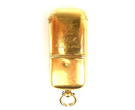 An early Victorian 18ct gold combination vesta and coin case, the vesta section inscribed 'AW from AEM October 1909', D &amp;