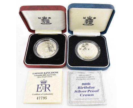 ROYAL MINT; a Coronation 40th Anniversary silver proof coin and a Queen Elizabeth the Queen Mother 90th Birthday silver proof