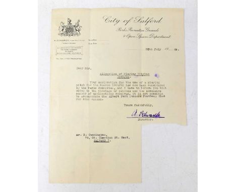 MANCHESTER UNITED; a typed letter from 1949 detailing the failed application for use of a playing pitch 1949-1950, for Albert
