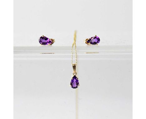 A 9ct yellow gold chain with teardrop amethyst pendant and matching stud earrings.Condition Report: Too light to weigh.