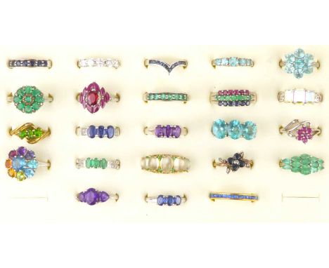 Twenty-three silver and gem set coloured stone dress rings, mostly size P, to include a gold plated eternity ring (23).