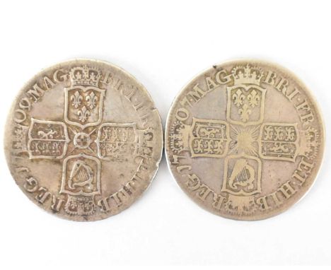 Two Queen Anne silver half crowns, comprising 1707, E below bust (Edinburgh) and a 1709 plain (2).Condition Report: We would 