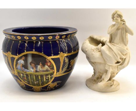 A Royal Limoges planter with flat gilt decorated top, the body with two colour transferred panels depicting ladies on a balco