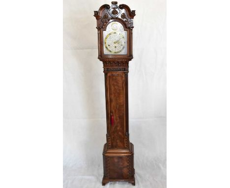 A Liverpool-style longcase clock of small proportions, the silvered face with brass chapter ring set with Roman numerals, bel