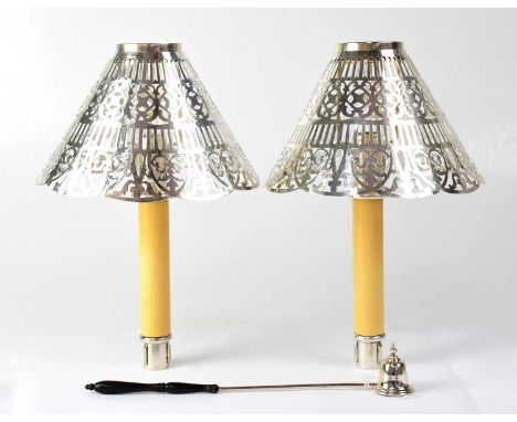 GORHAM; a pair of silver pierced candle lamp shades on plated and ivorine stands, shades hallmarked, height 27cm, together wi