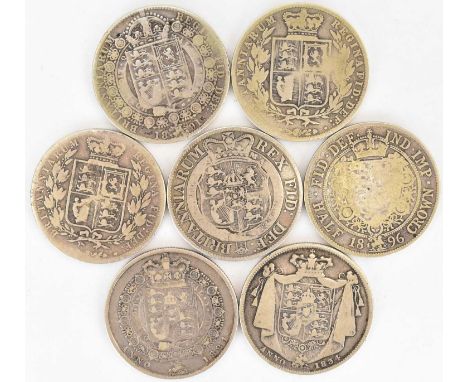 Seven silver half crowns, comprising a George IV 1824 first bust, William IV 1834 WW in script, George III 1819, Victoria 189