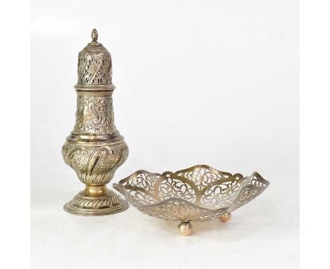 A George V hallmarked silver sugar caster of baluster form, with chased Rococo-style decoration, raised on a domed foot, Geor