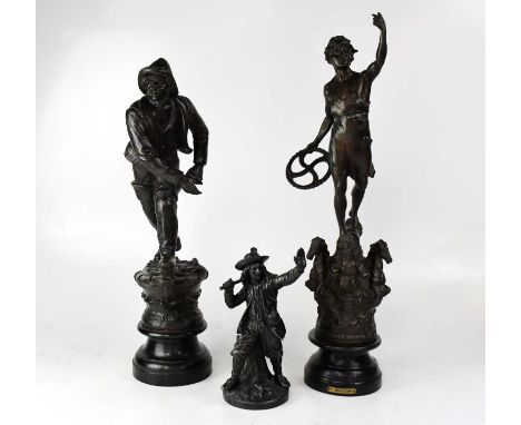 A 19th century spelter figure of a mariner, modelled standing on the bow of his ship, on a socle base, height 60cm, a spelter